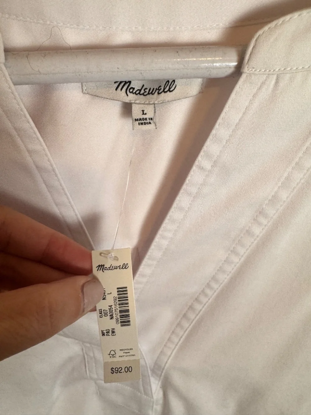 Clean Girl Minimalist Cotton Poplin Madewell V-Neck Long-Sleeve Top White LG NWT